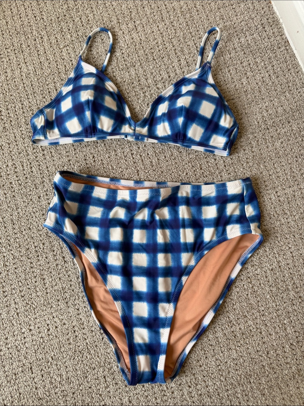 J. Crew Blue and White Plaid High-Waist Bikini Set Size Medium